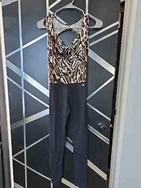 Leotard-Style Jumpsuit with Animal Print Bodice - Black and Tan